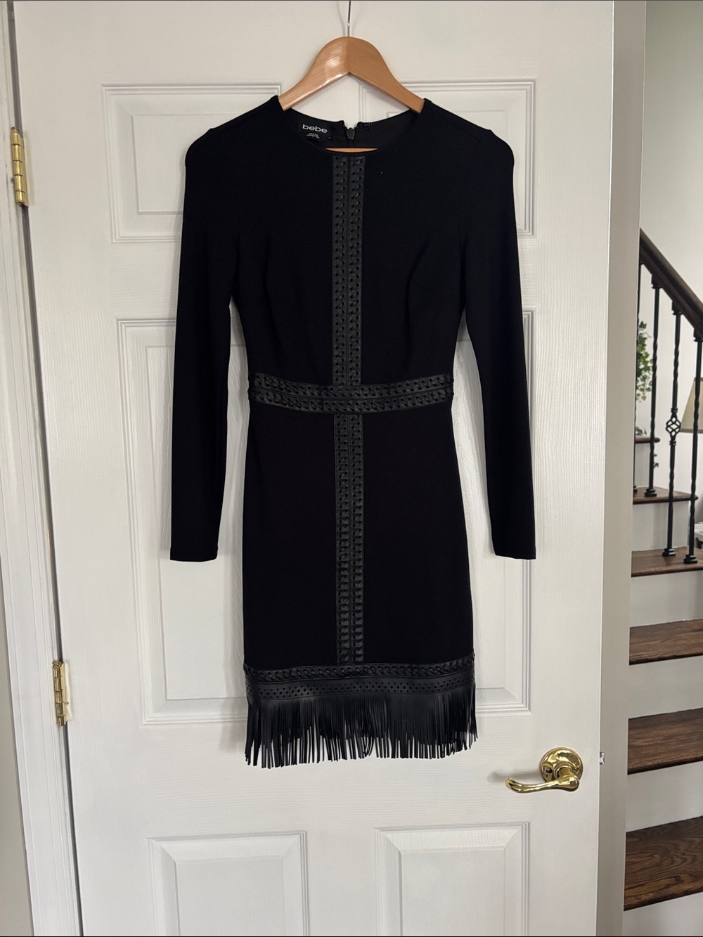 bebe Black Long-Sleeve Fringe Sheath Dress